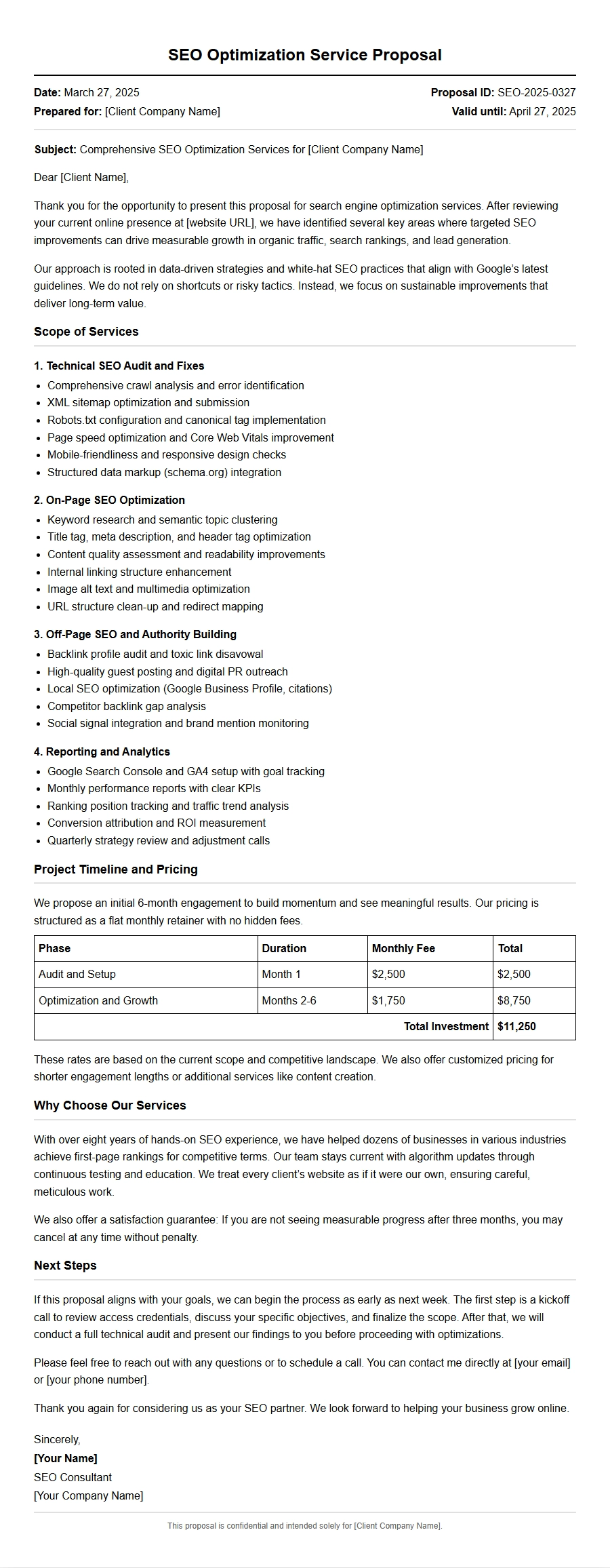 SEO Optimization Service Proposal Letter Example