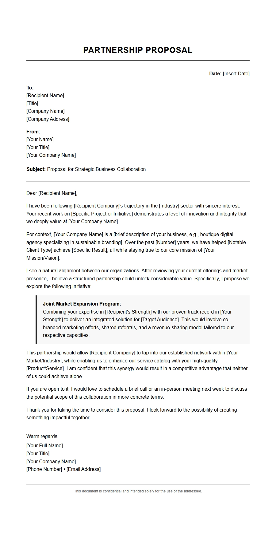 Small Business Partnership Proposal Letter Template