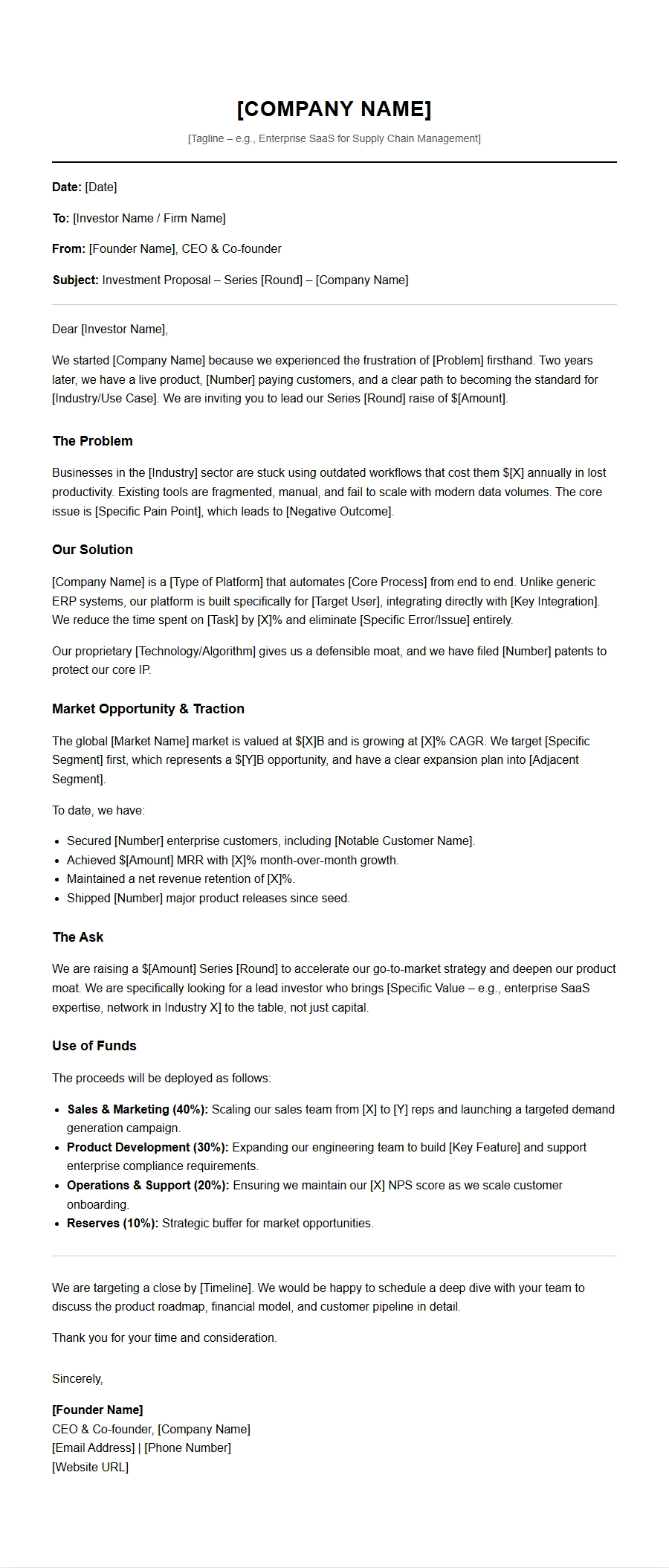 Startup Investment Proposal Letter Template