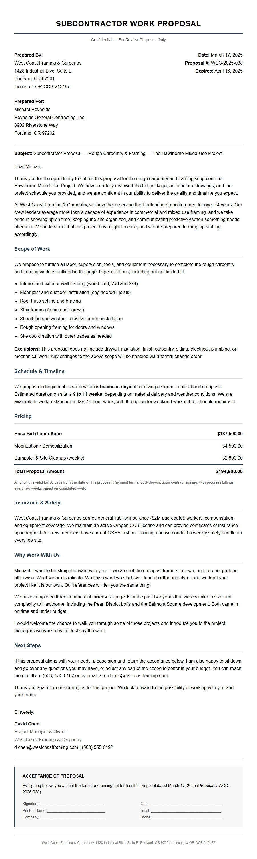 Subcontractor Work Proposal Letter Template