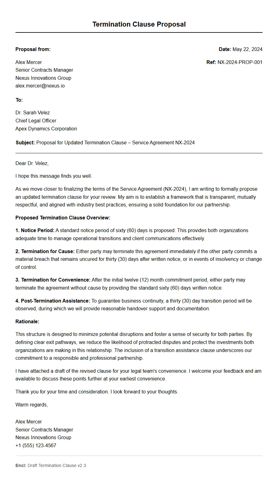 Termination Clause Proposal Letter Example