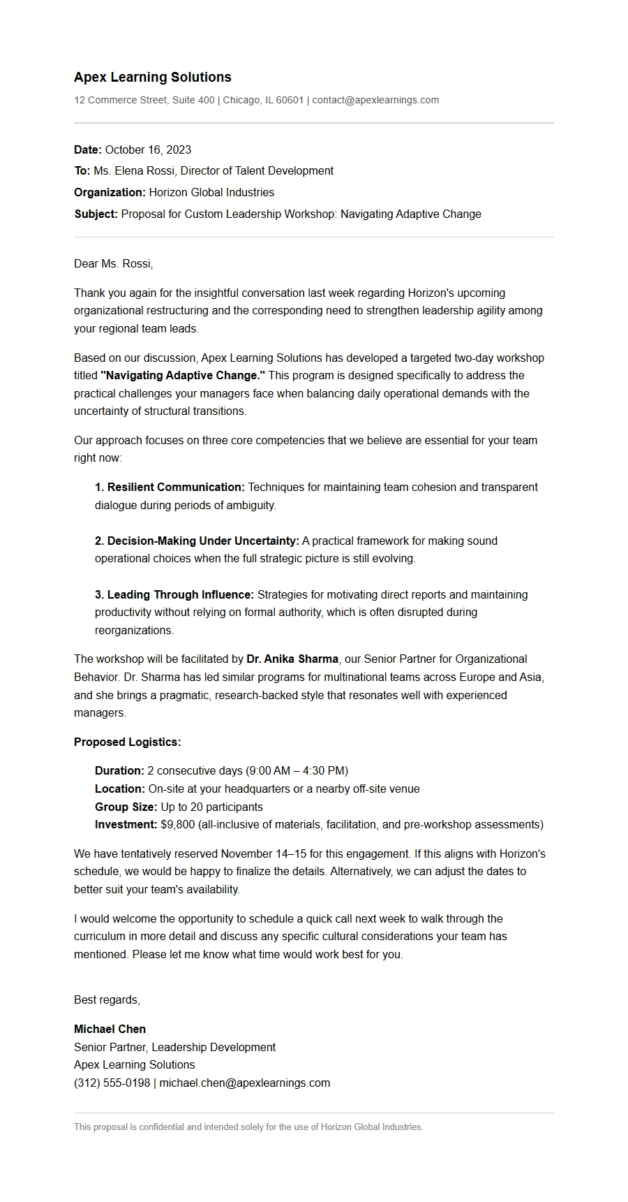 training workshop organization proposal letter - Business Proposal Letters