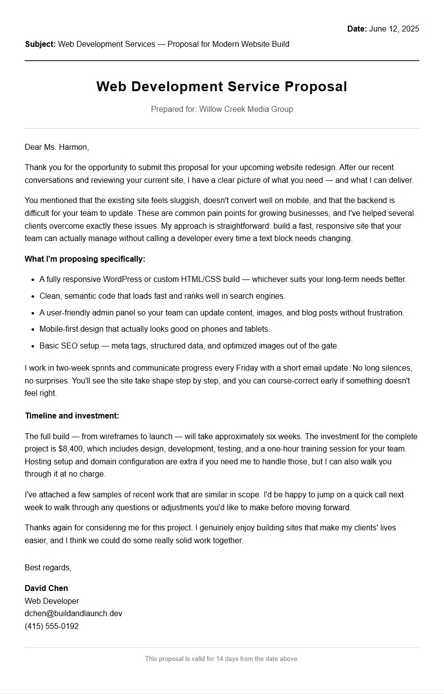 Web Development Service Proposal Letter Sample