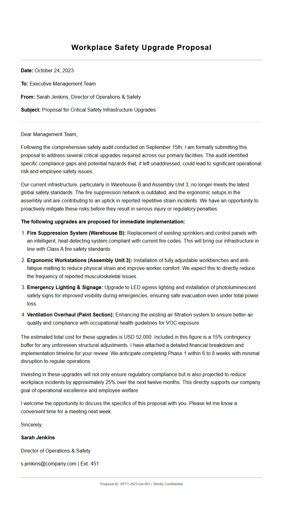 workplace safety upgrade proposal letter - Business Proposal Letters