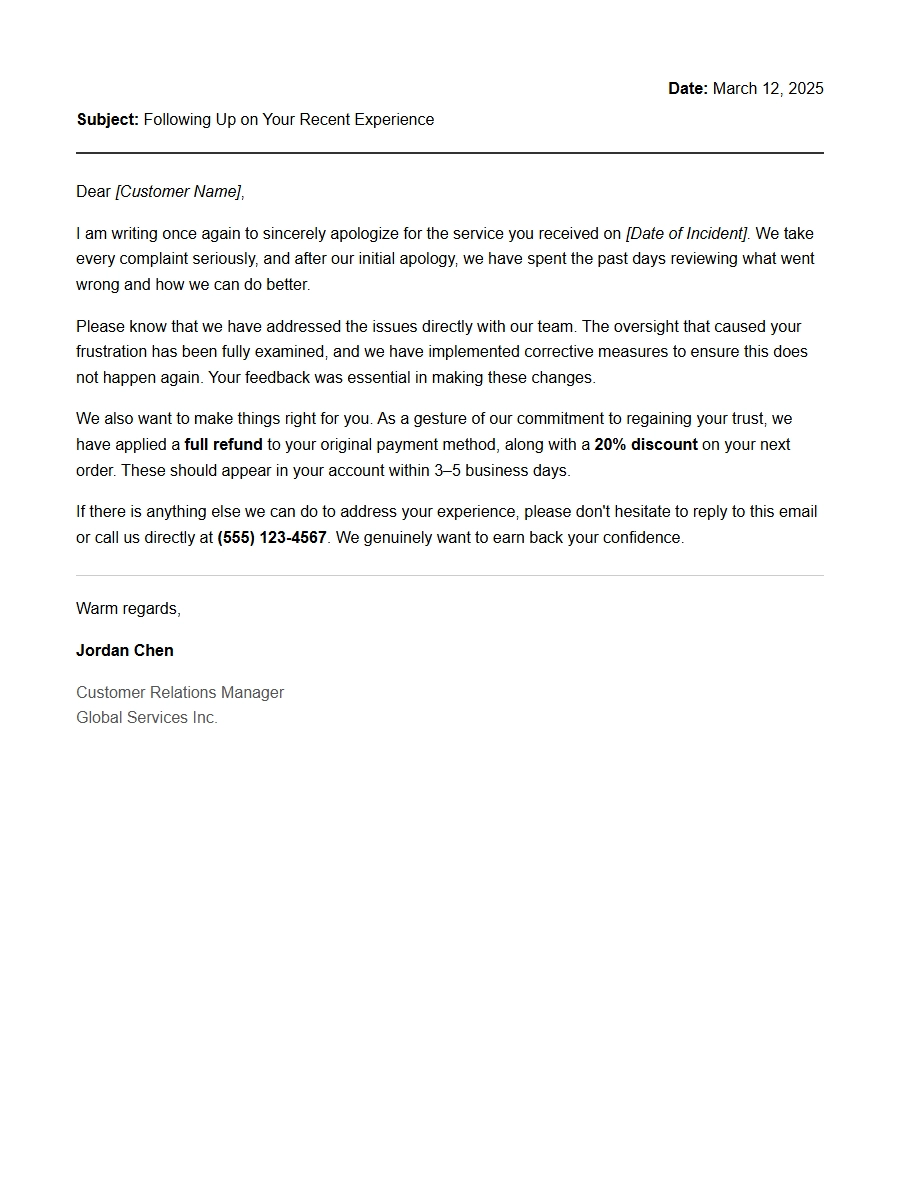 Apologetic Follow-Up After Bad Service Apology
