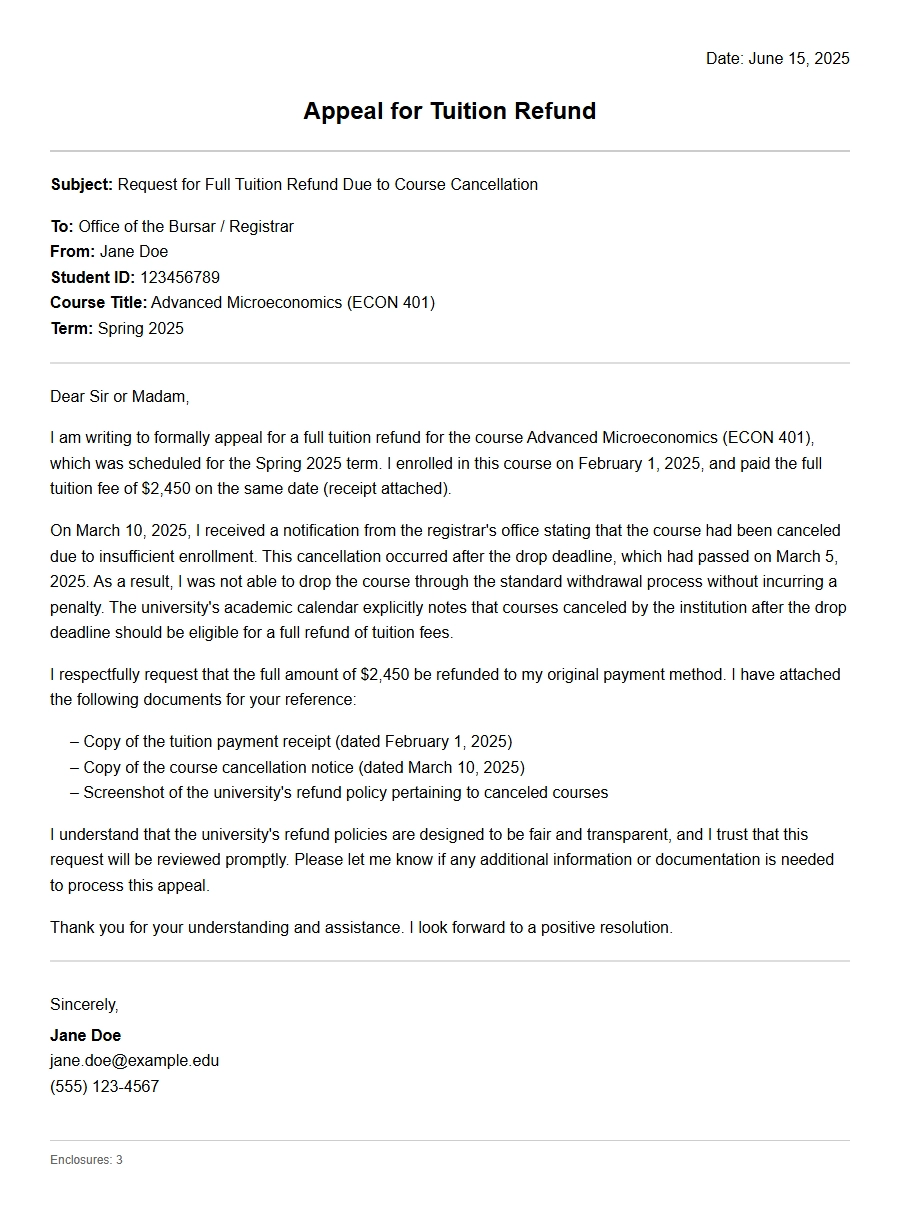 appeal for tuition refund due to course cancellation - Complaint Letters