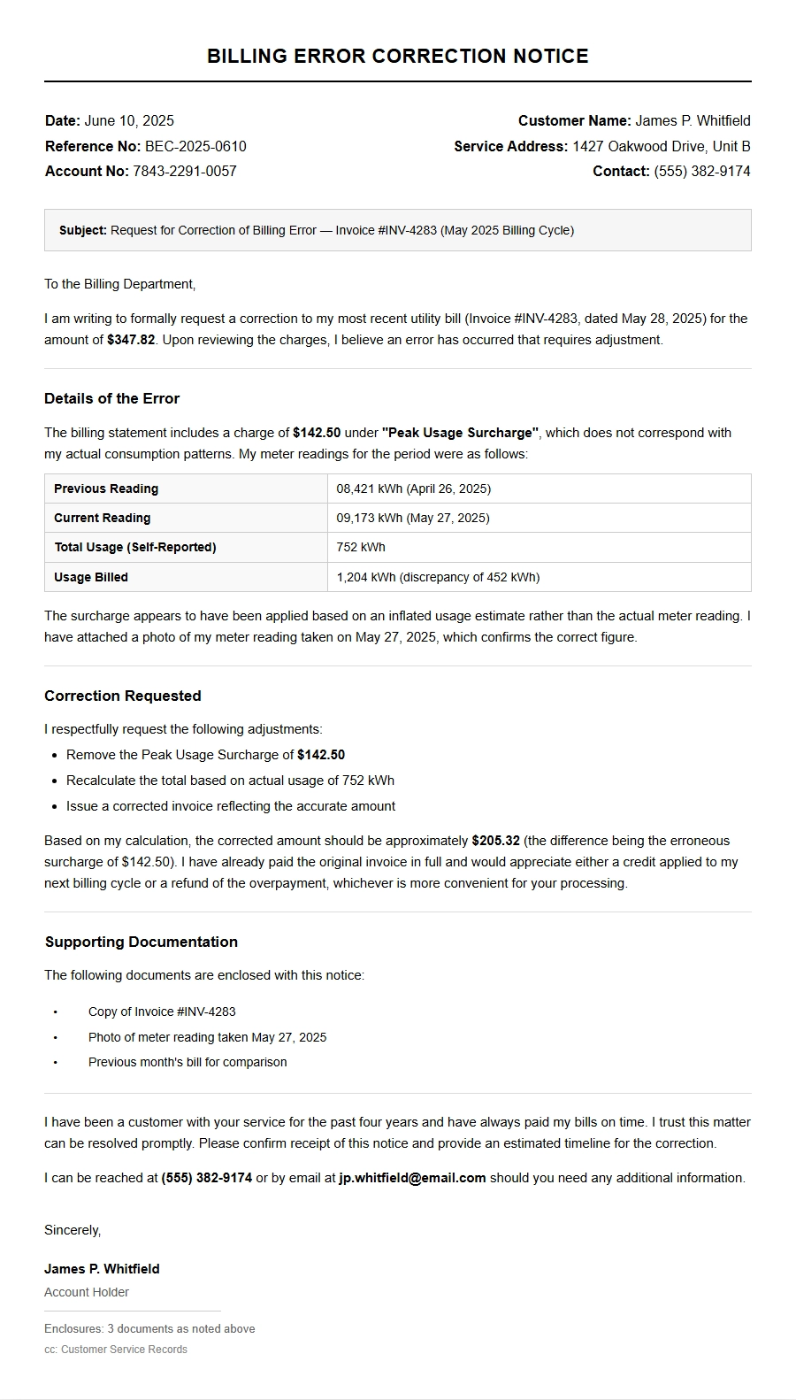 Billing Error Correction Letter to Utility Provider