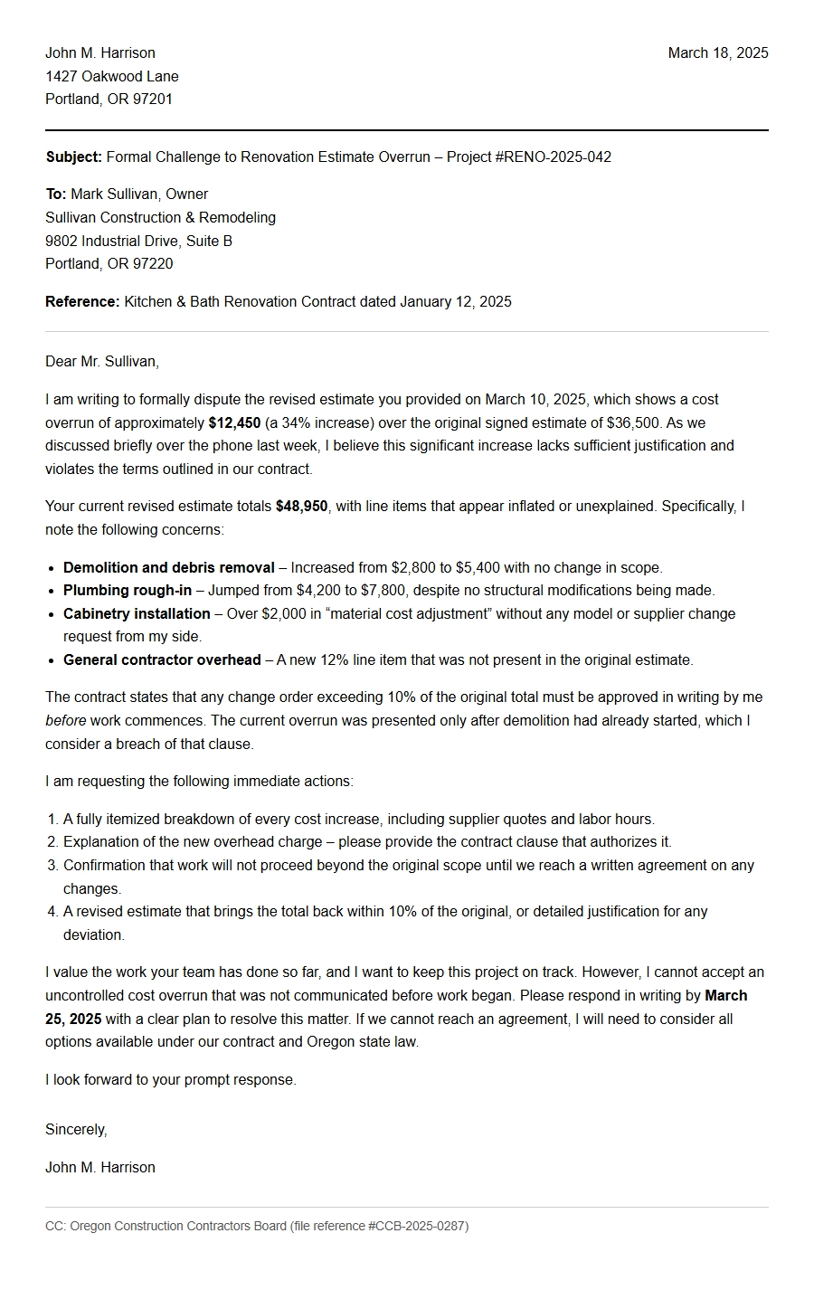 Formal Complaint About Renovation Cost Overruns