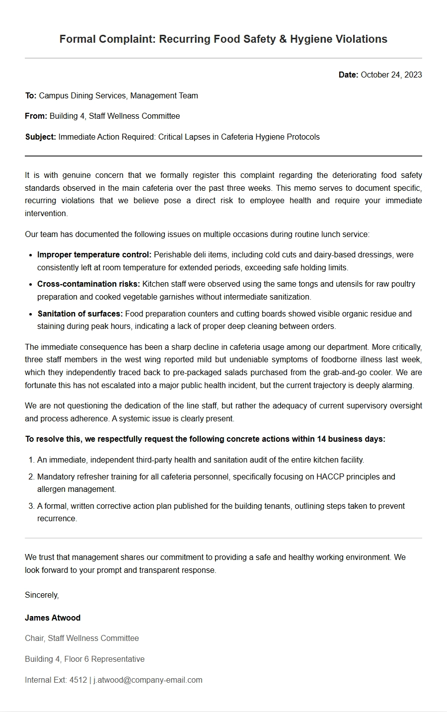 Complaint Letter: Cafeteria Food Safety Standards