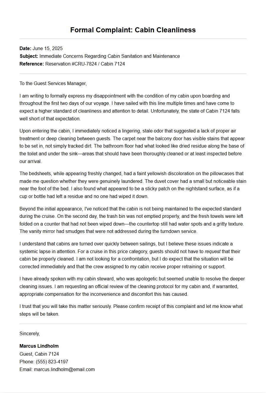 Complaint Letter About Cruise Cabin Cleanliness