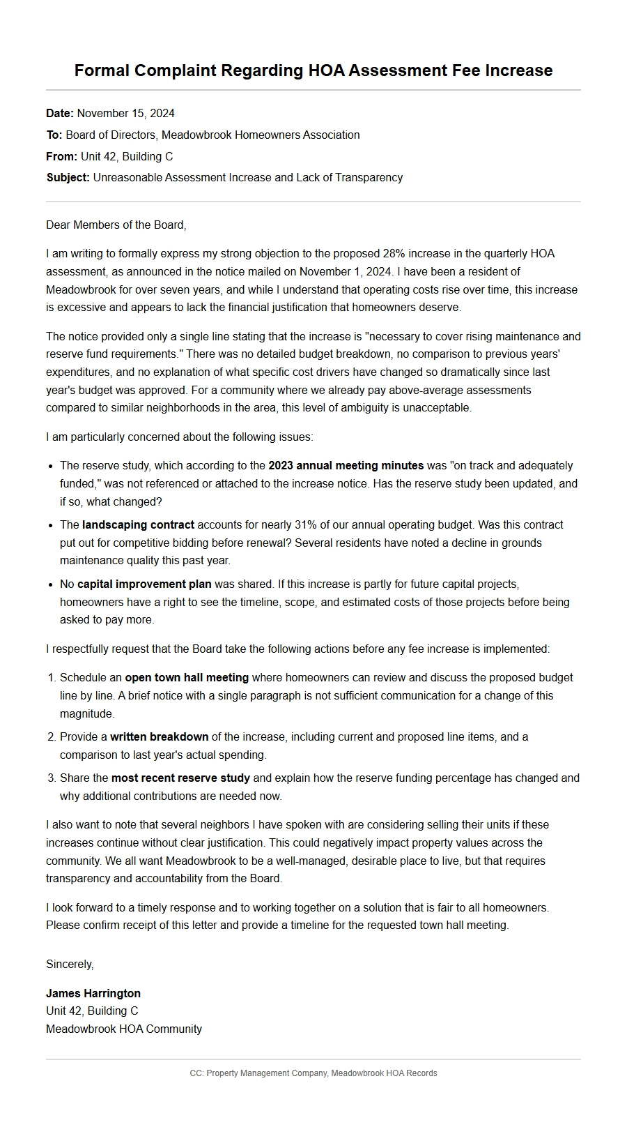 Complaint Letter About HOA Assessment Fee Increase