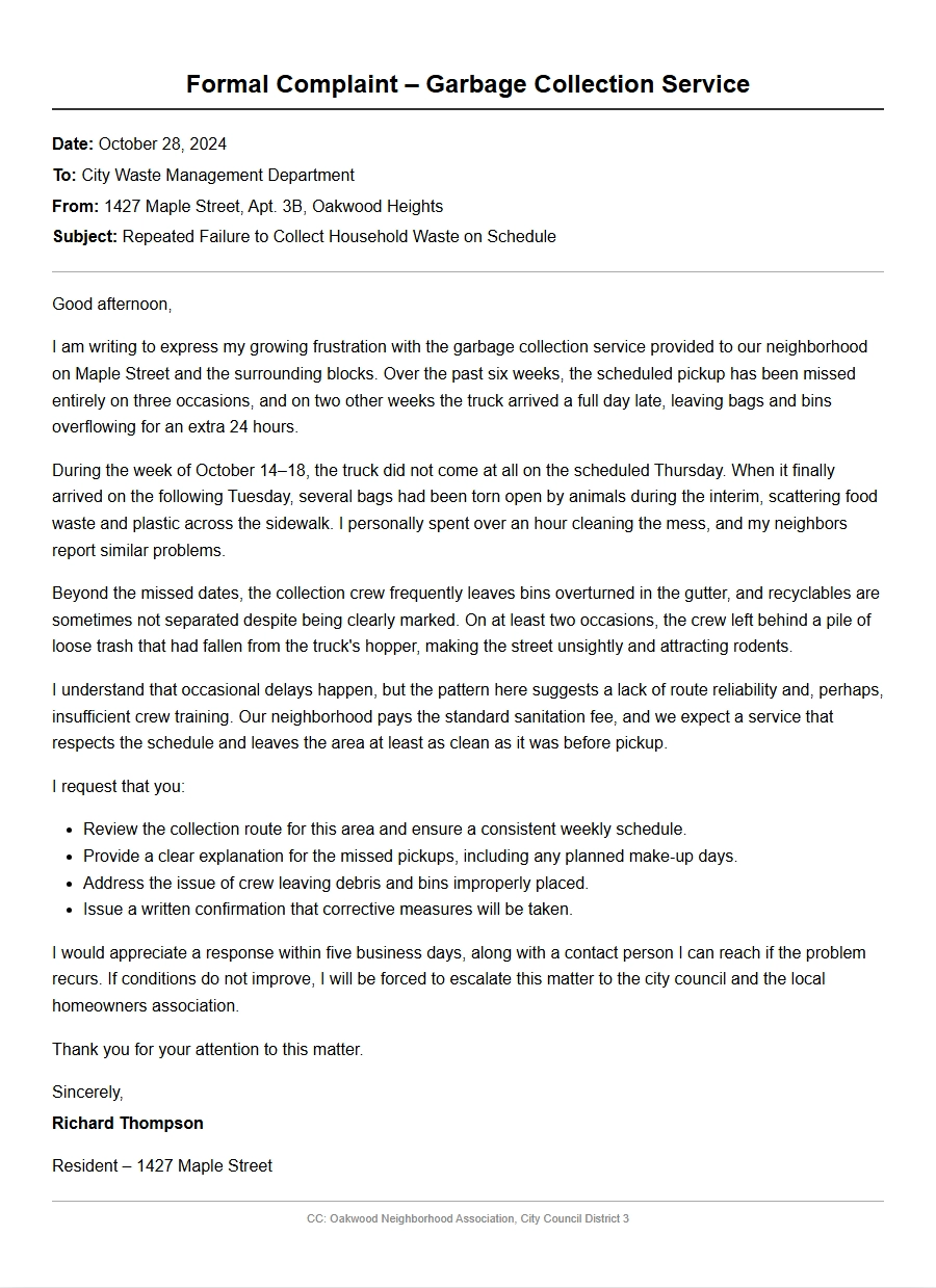 Complaint Letter for Neighborhood Garbage Pickup