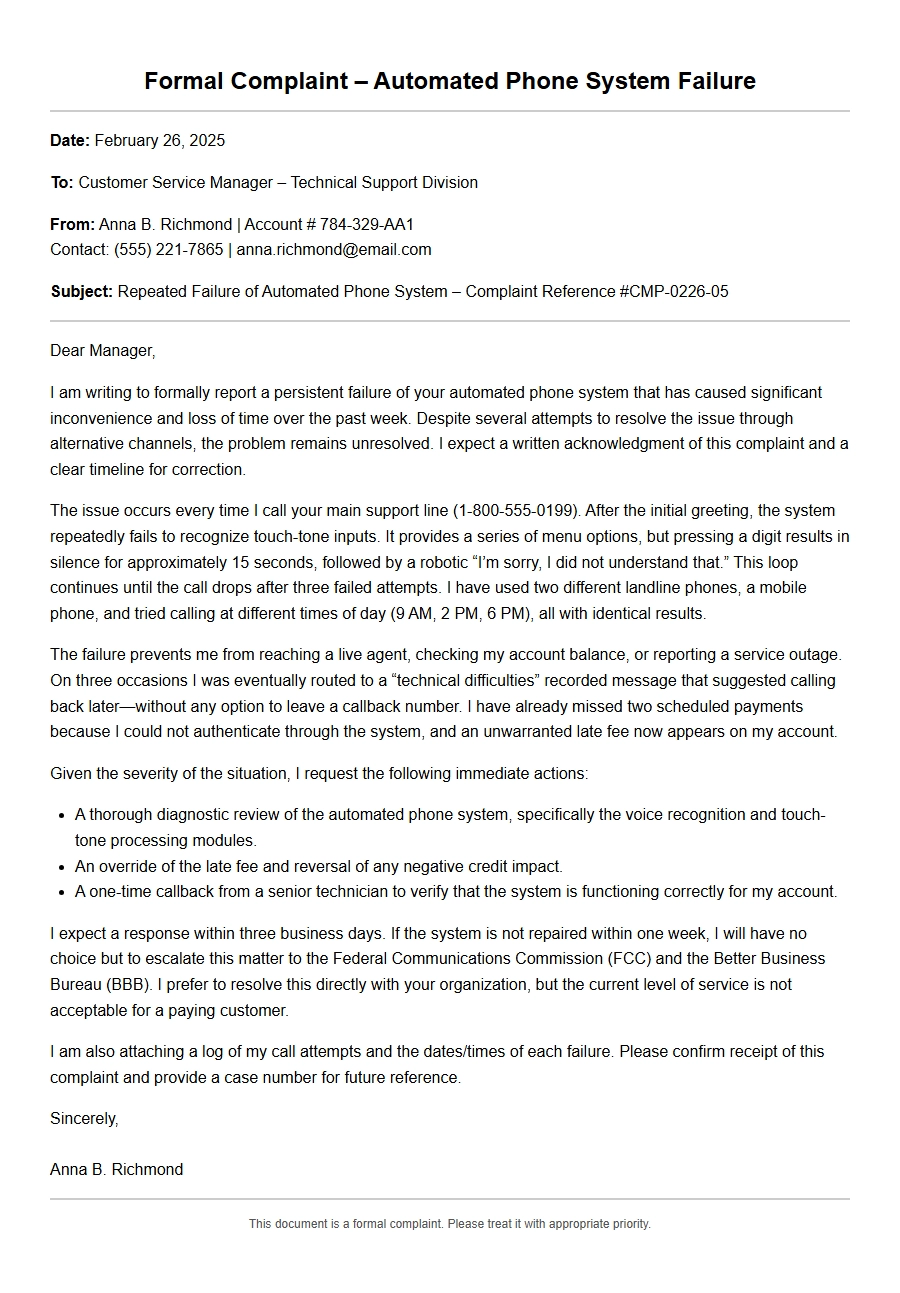 Complaint Letter About Automated Phone System Failure