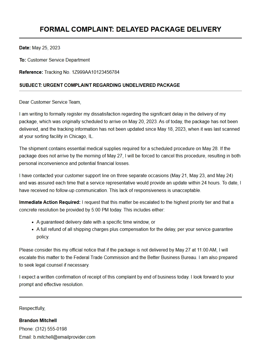 Sample Complaint Letter for Delayed Package Delivery