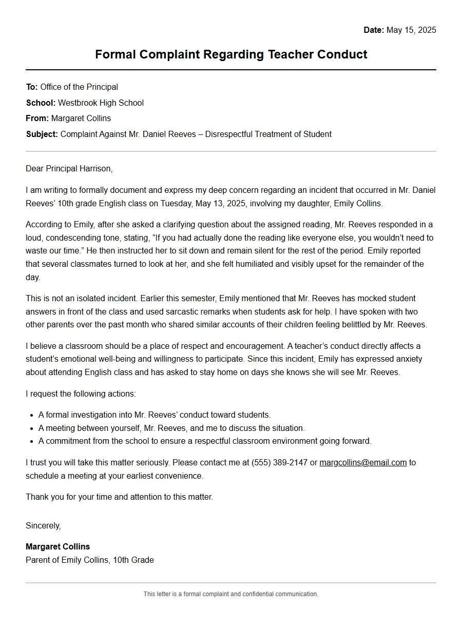 Complaint Letter for Teacher's Conduct Toward Student
