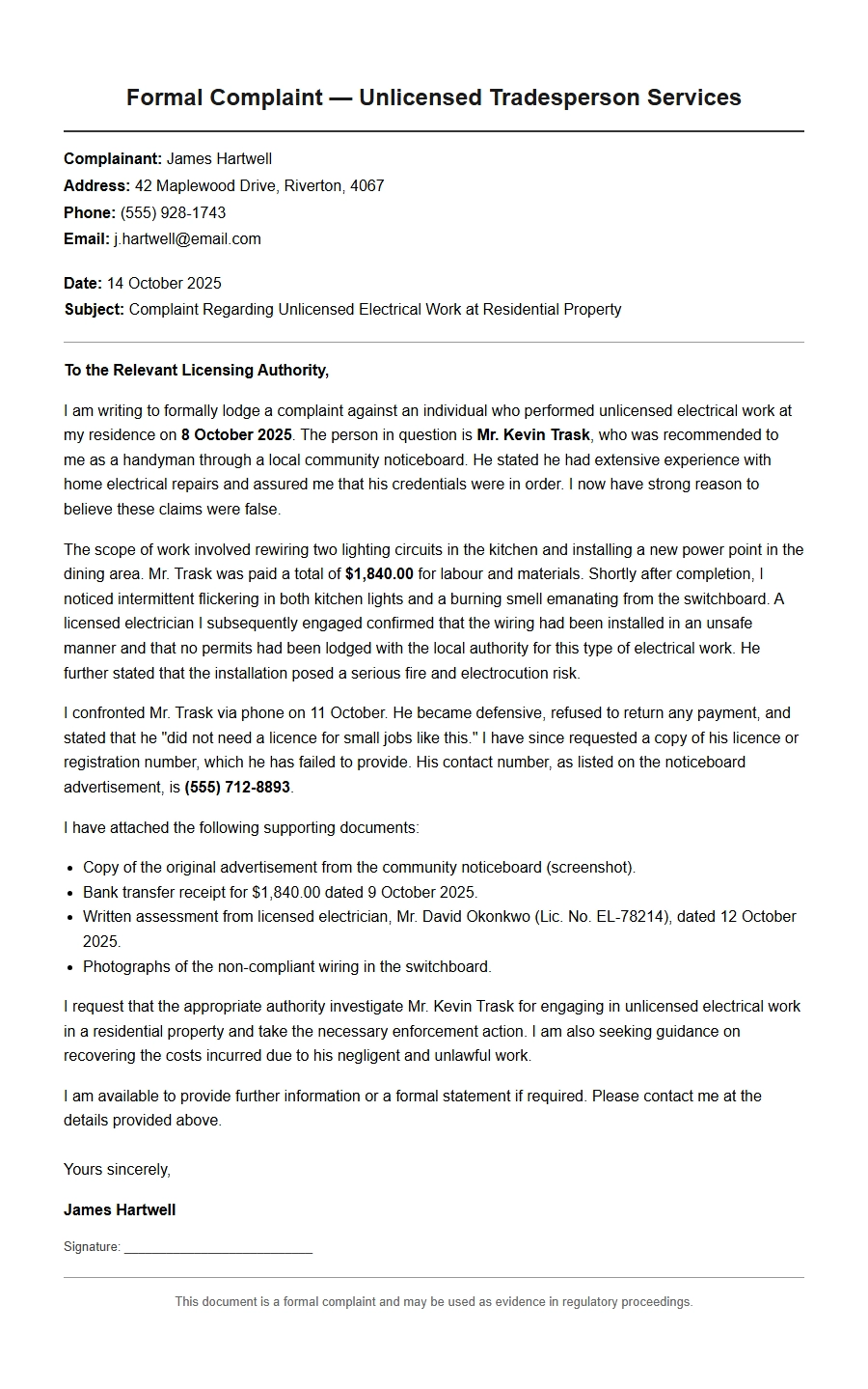 complaint about unlicensed tradesperson services - Complaint Letters