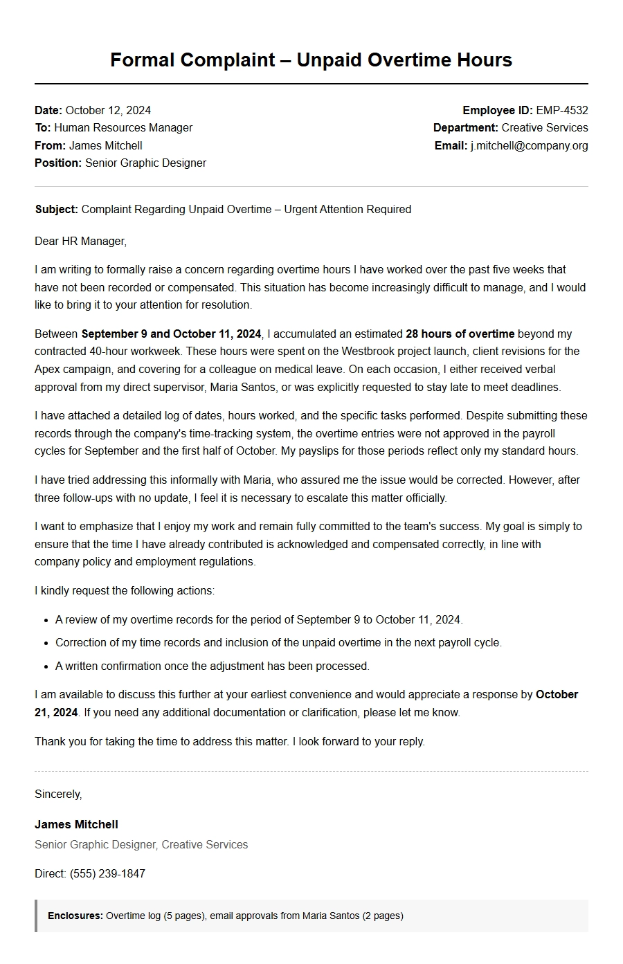 complaint about unpaid overtime hours - Complaint Letters