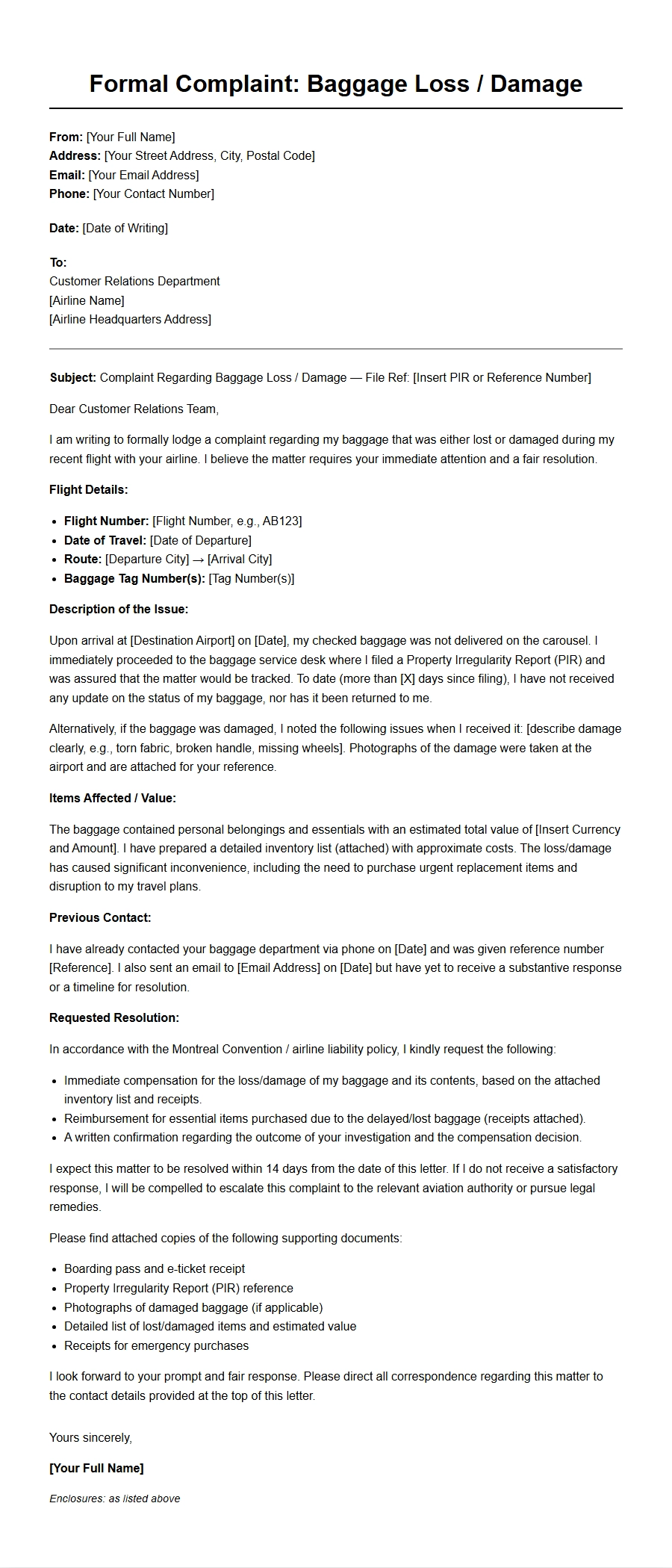 Complaint Letter for Lost or Damaged Airline Baggage