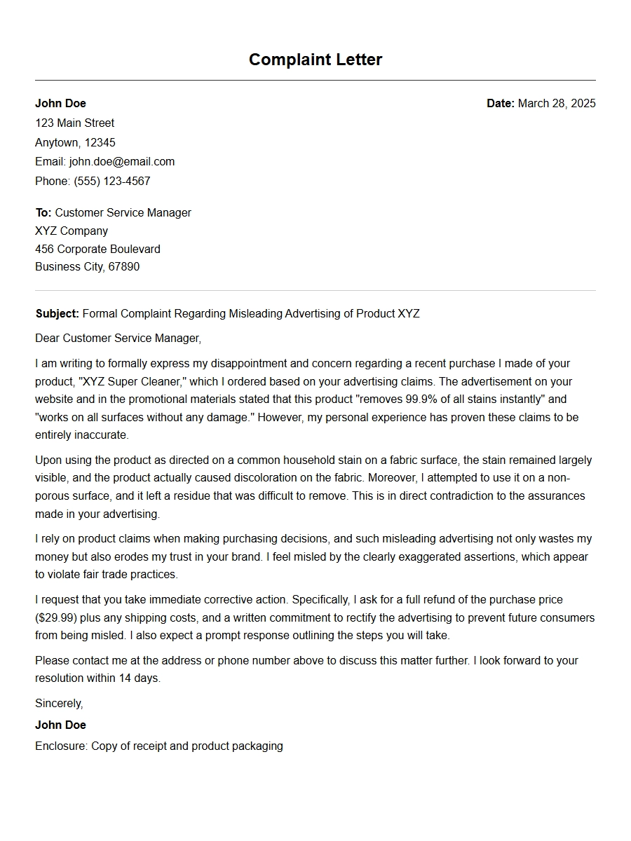 Sample Complaint Letter for Misleading Product Ads