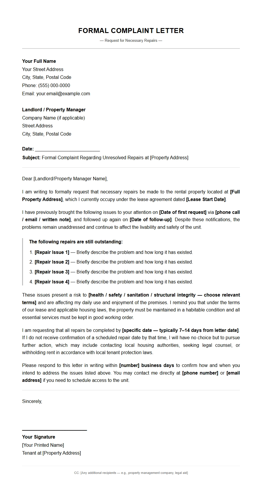 Complaint Letter Template for Landlord Repairs