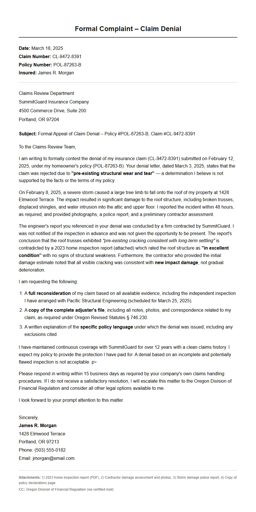 Complaint Letter for Insurance Claim Denial