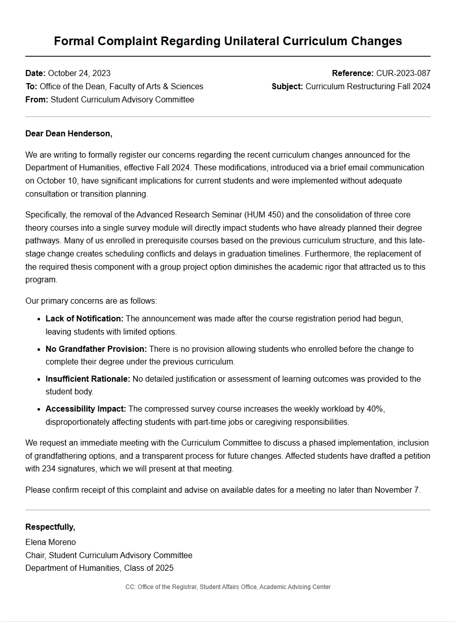 Complaint Letter: Curriculum Changes Impacting Students