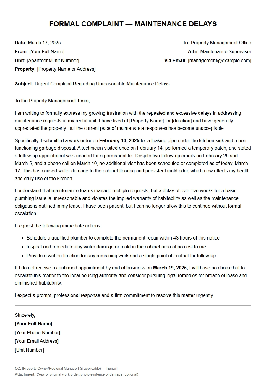 Complaint About Rental Maintenance Delays