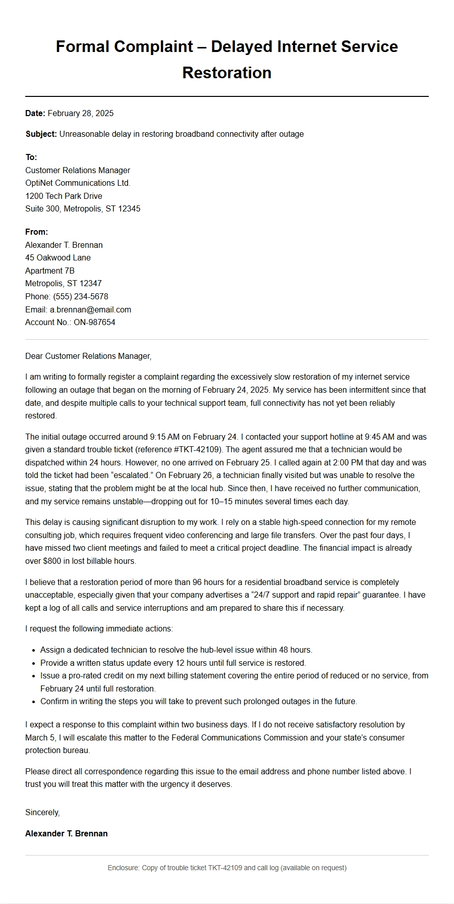 Complaint Letter: Slow Internet Service Restoration