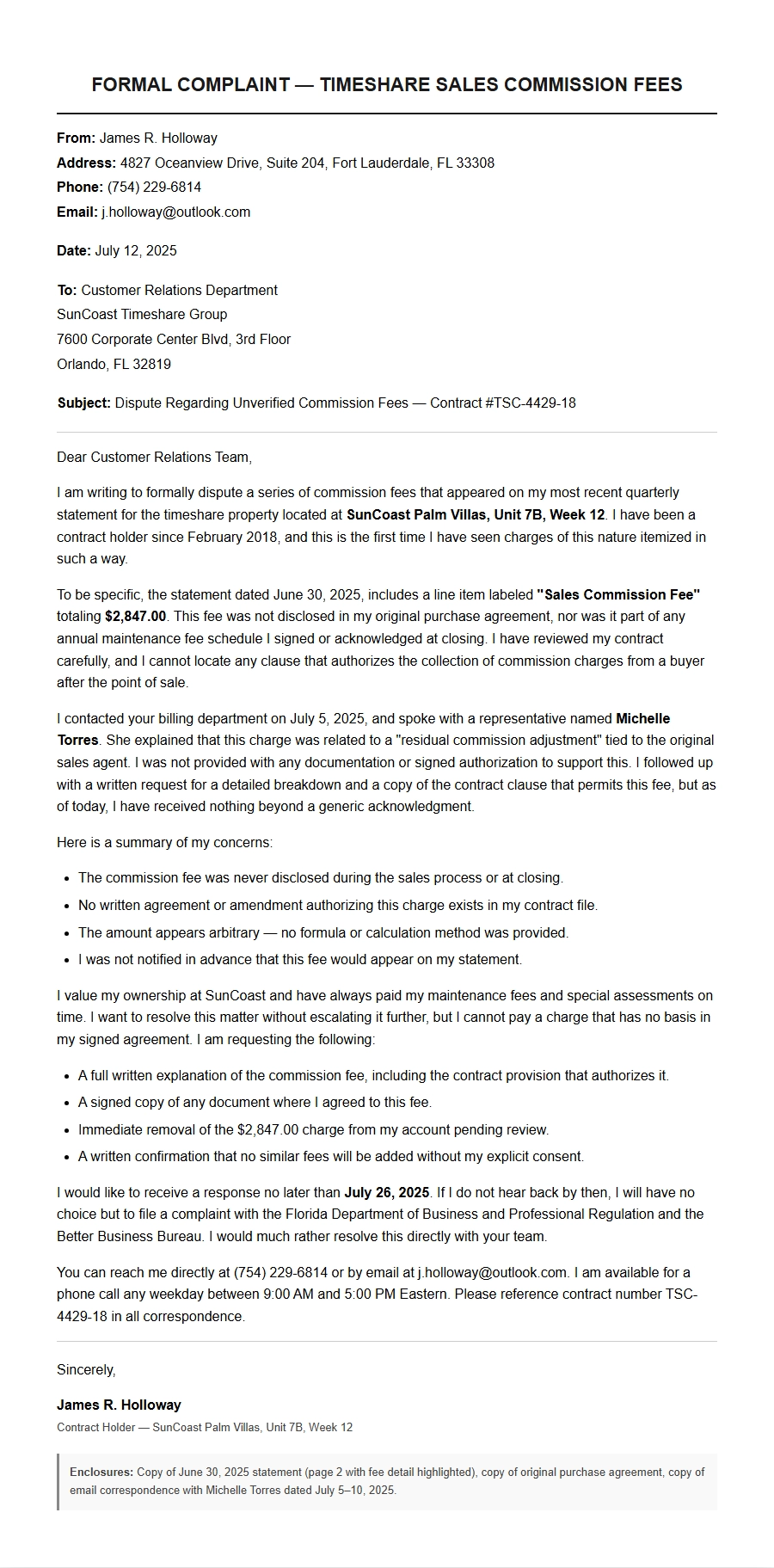 Complaint Letter About Timeshare Commission Fees
