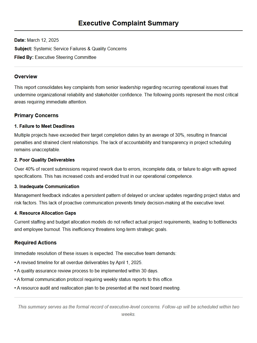 Executive Complaint Summary Letter Template