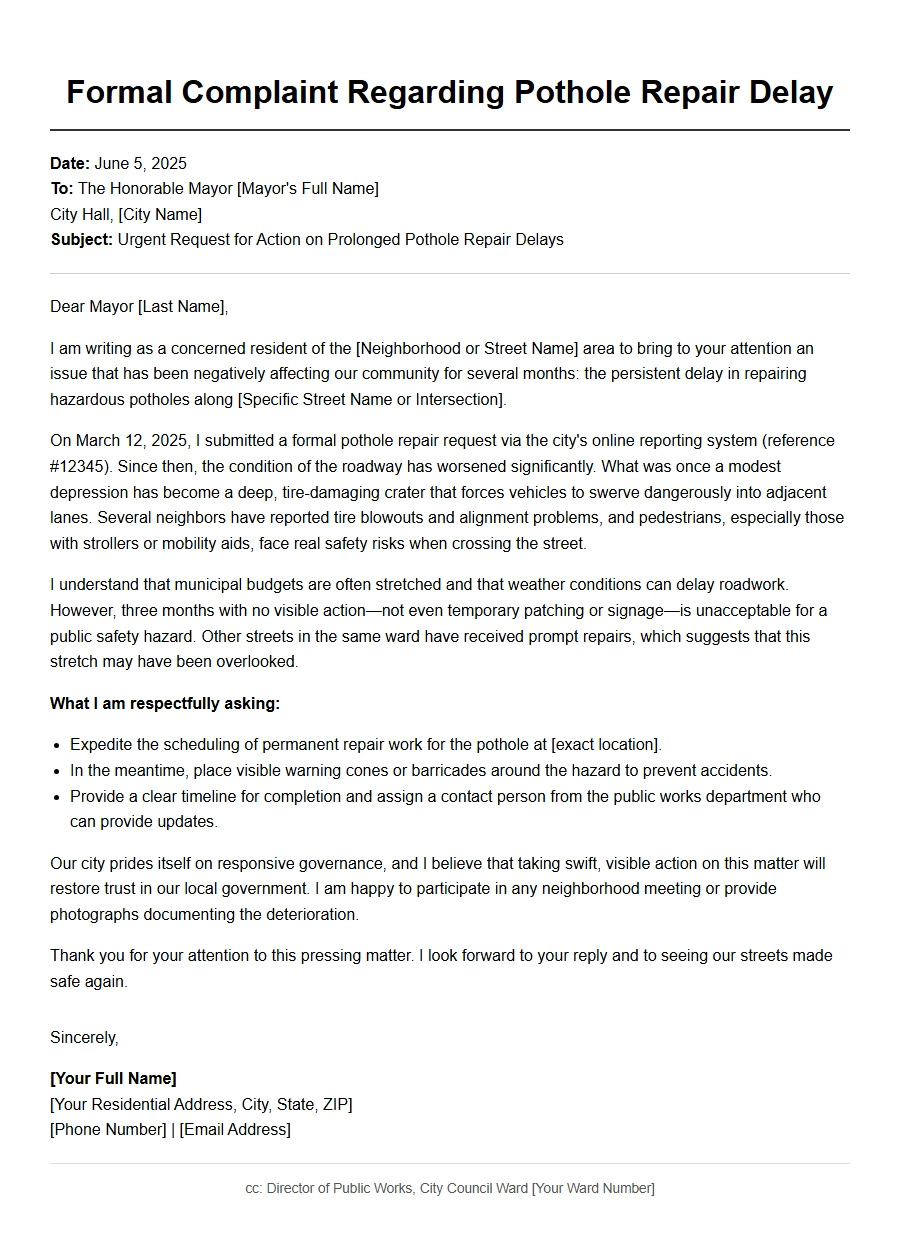Complaint to Mayor: Pothole Repair Delay