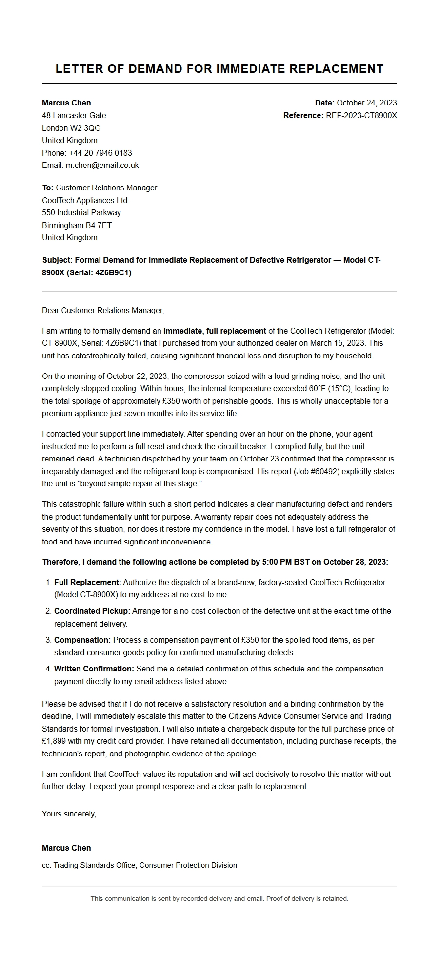 demanding replacement for broken appliance purchased - Complaint Letters