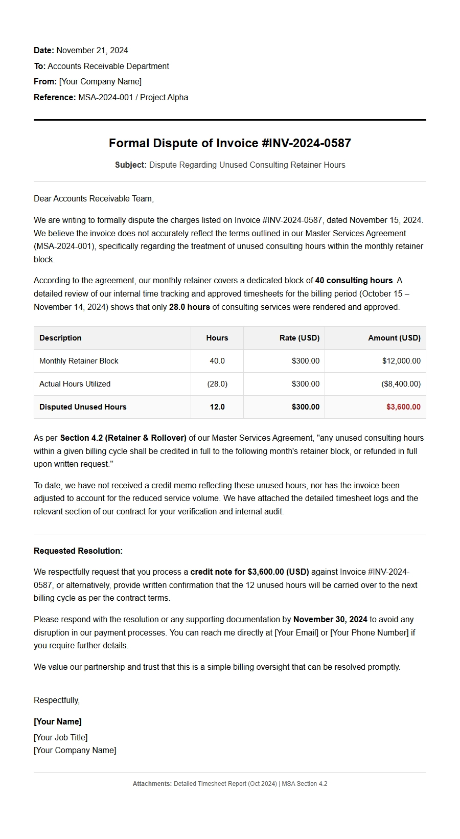 Dispute Invoice Charges for Unused Consulting Hours