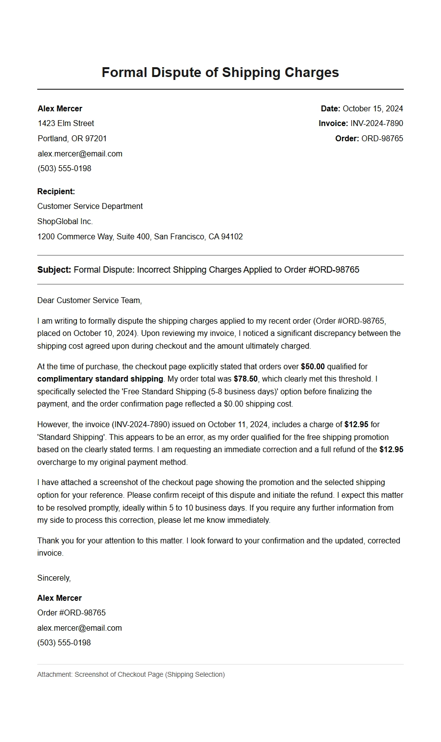 Dispute Over Incorrect Shipping Charges