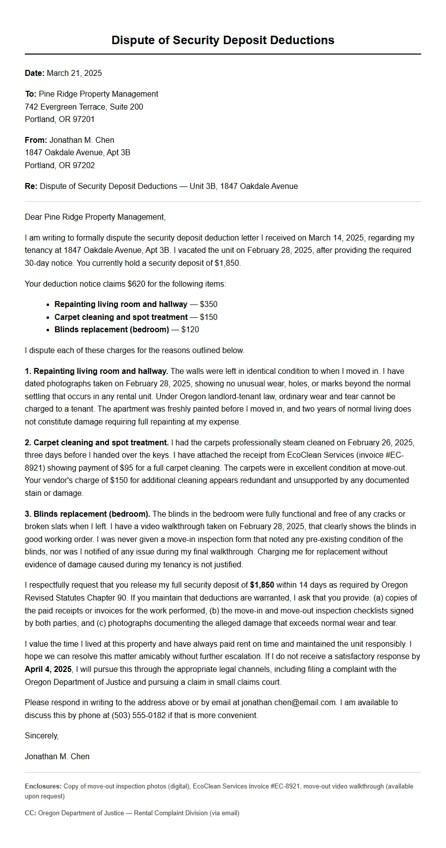 dispute security deposit return letter - Complaint Letters
