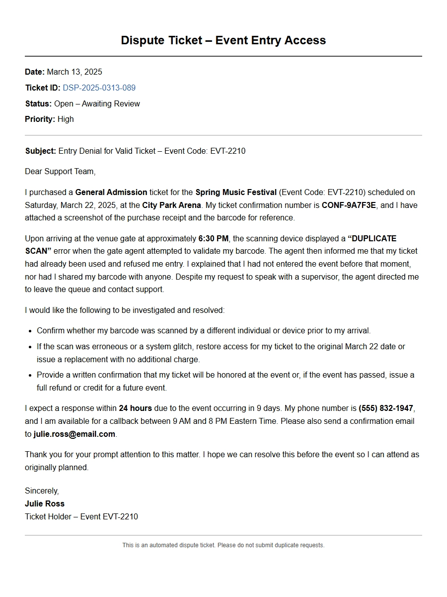 Dispute a Ticketing Error for Event Entry Access