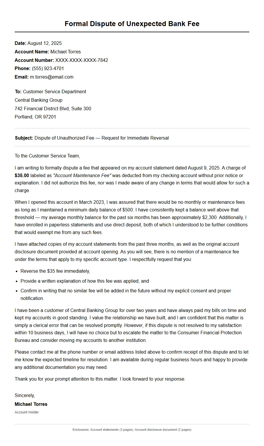 Disputing an Unexpected Bank Fee Letter