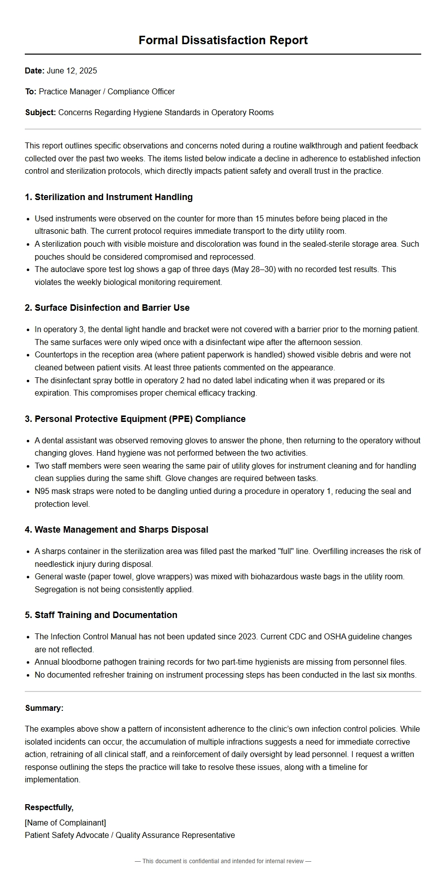 Complaint Letter for Dental Office Hygiene Standards