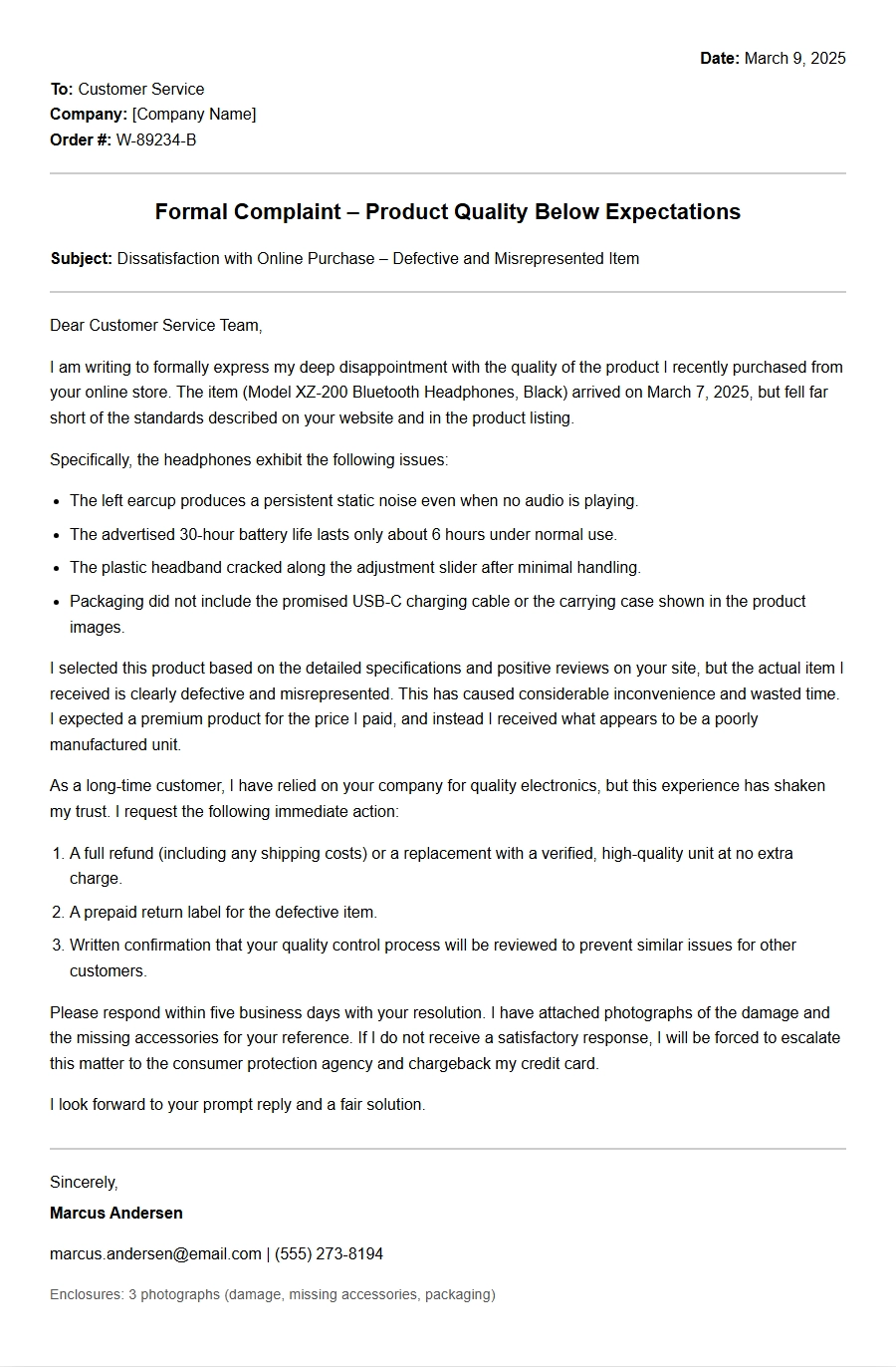 dissatisfaction with online purchase quality - Complaint Letters