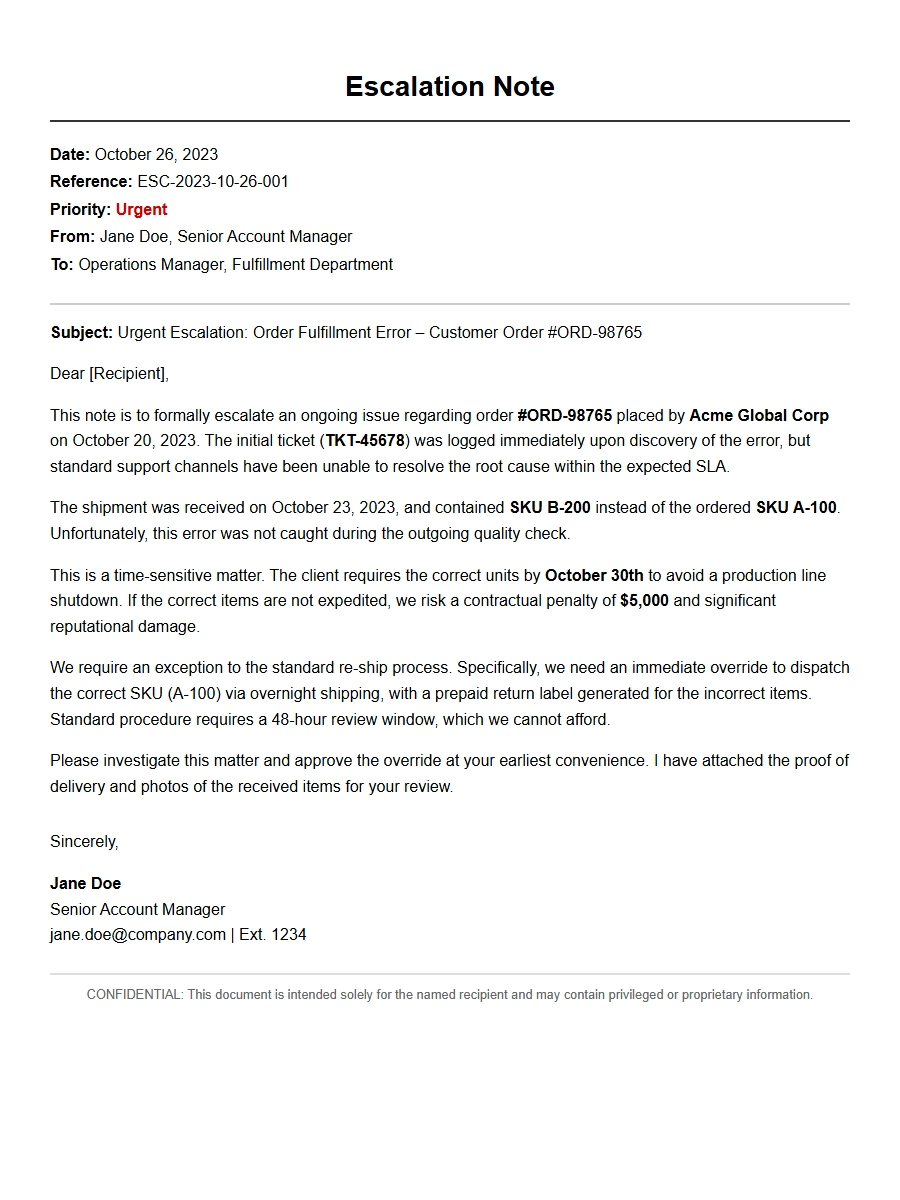 Escalation Note for Order Fulfillment Error