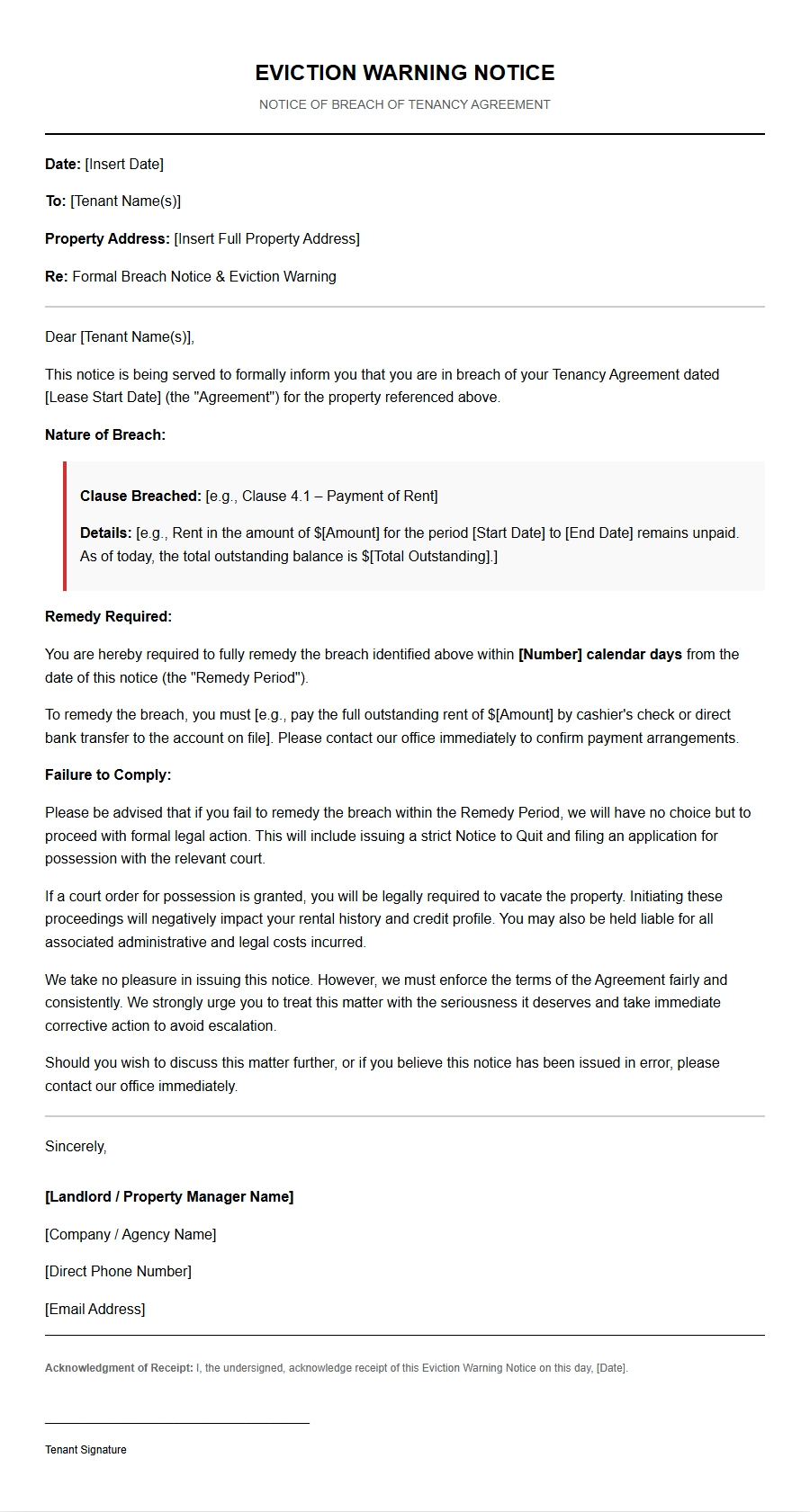 Sample Eviction Warning Notice Language
