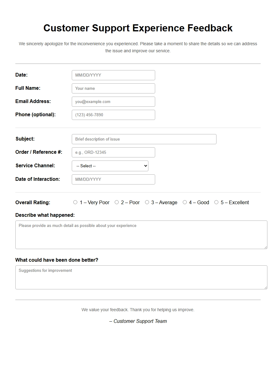 Feedback Form for Poor Customer Support Complaint
