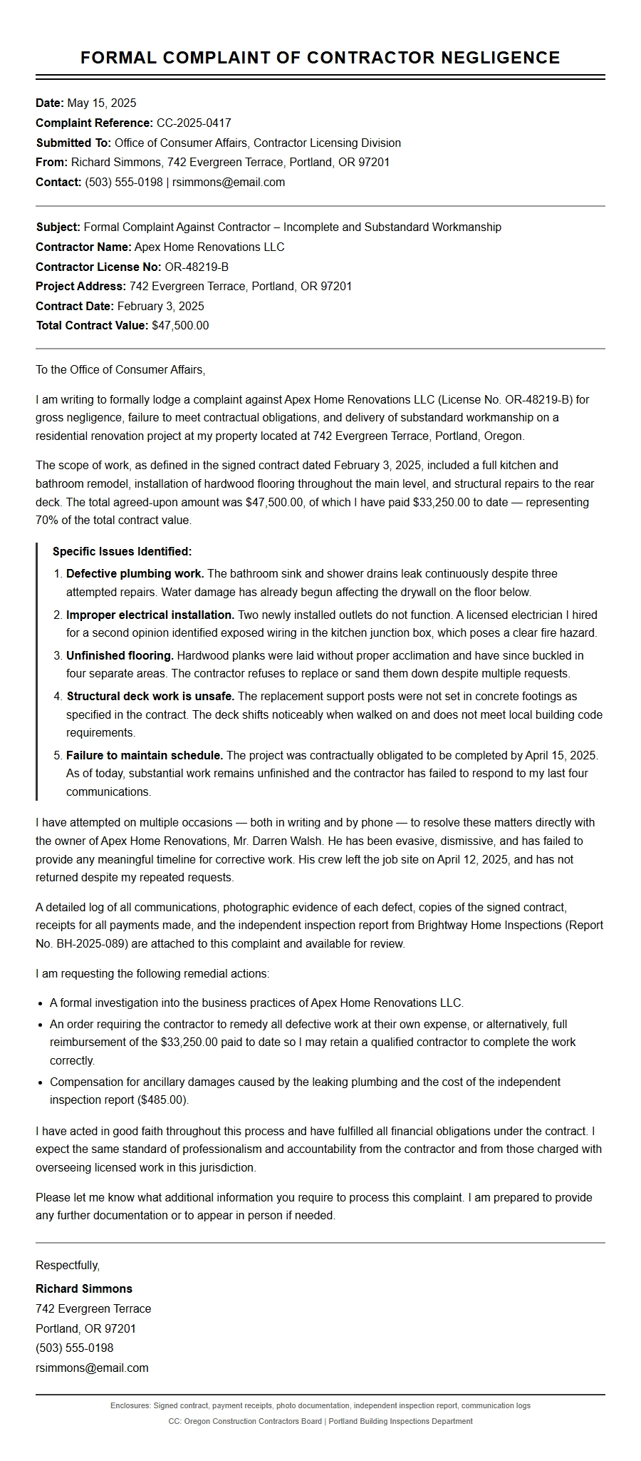 formal complaint against incompetent contractor work - Complaint Letters