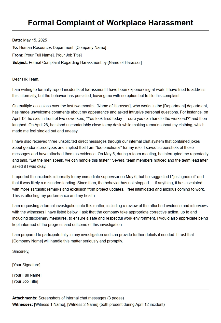 Formal Complaint Letter for Workplace Harassment