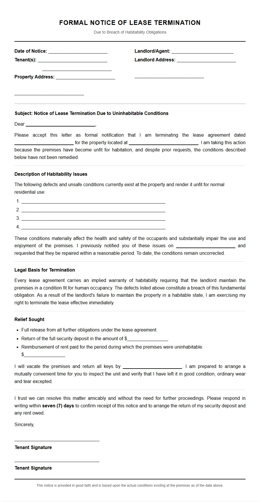 formal notice of lease termination due to habitability - Complaint Letters