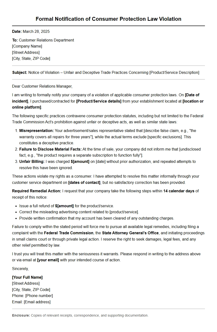 Formal Notification of Consumer Law Violation