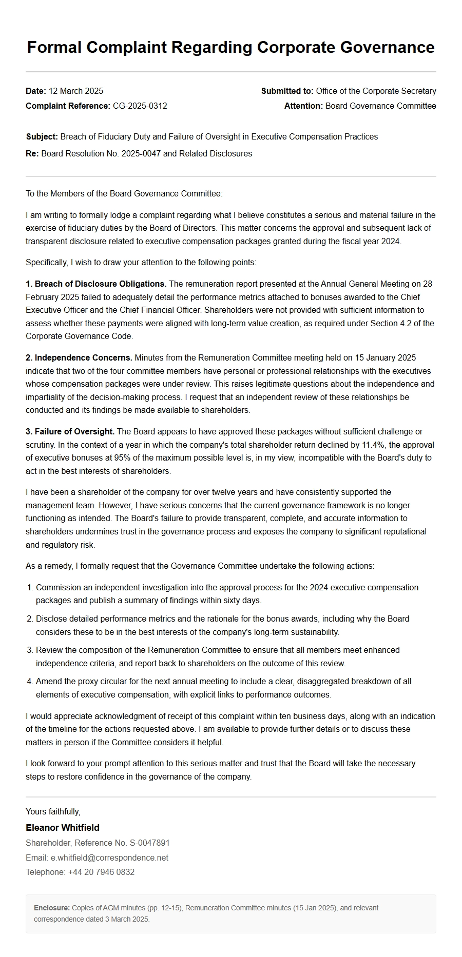 Formal Register Language Corporate Governance Complaint