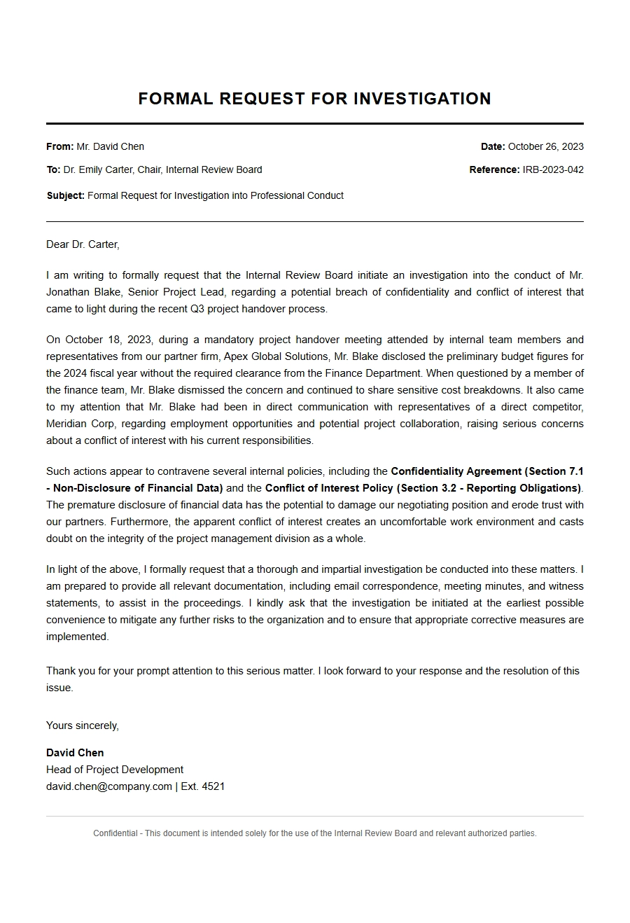 Formal Request for Investigation into Conduct