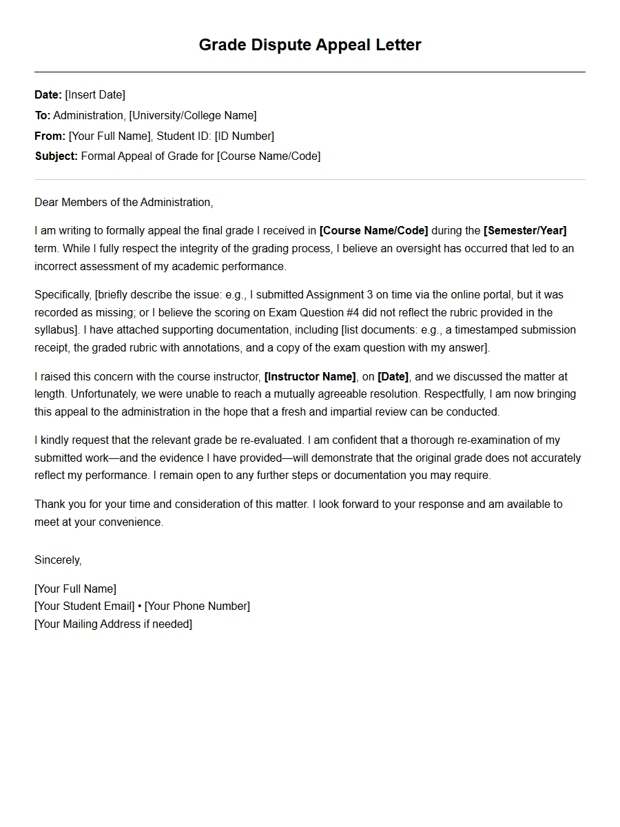 Grade Dispute Appeal Letter to Administration