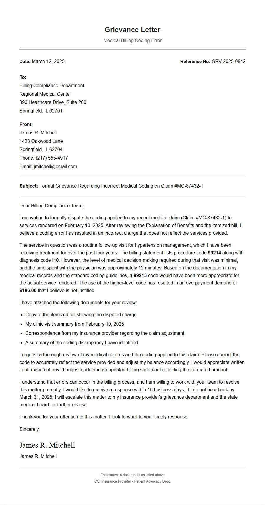 Grievance Letter for Medical Bill Coding Error